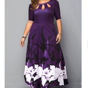 Purple Floral Keyhole Neckline Long Dress Size 1X
